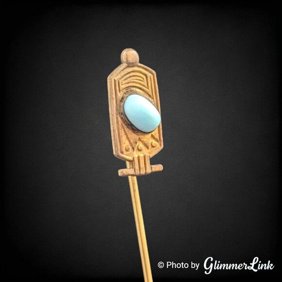 Antique Egyptian Style Slanted Oval Blue Stone Gold Tone Stick Pin - Picture 2 of 12